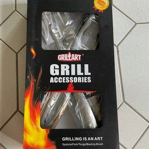 stainless steel spatula, thong, fork and brush.